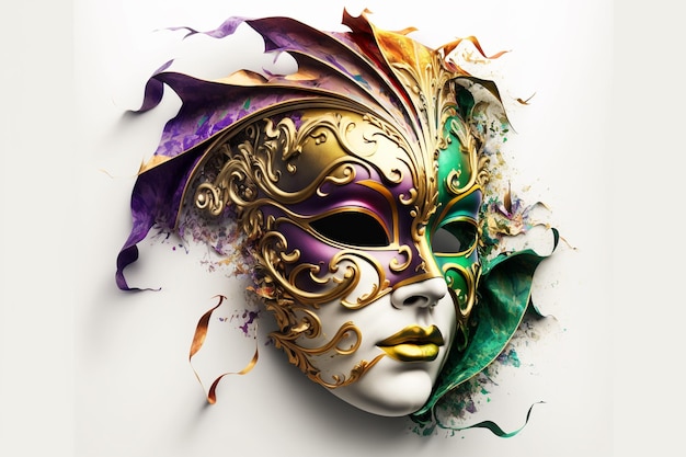 Una maschera mardi gras con piume d'oro e viola.