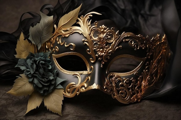 Una maschera nera e oro con fiori dorati sopra