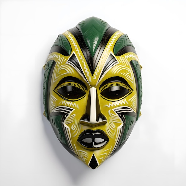 Una maschera verde e gialla con una faccia nera e un disegno giallo e bianco.