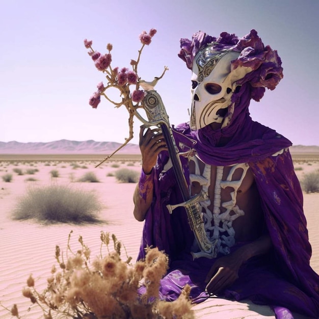 Una maschera viola tiene in mano un fiore nel deserto.