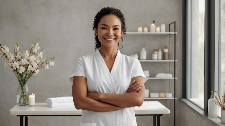 Foto una massaggiatrice sorridente si trova con le braccia incrociate davanti al suo tavolo da massaggio indossando un poster bianco di servizi di spa e bellezza con spazio per la copia