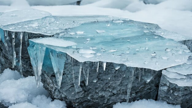 Una massiccia lastra di ghiaccio poggiata su un mucchio di neve