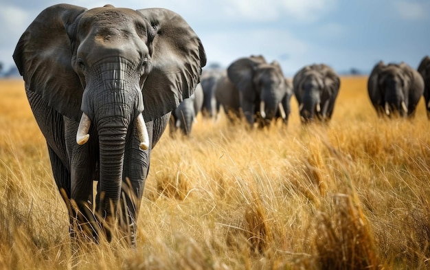 una matriarca elefante che guida il suo maestoso gregge attraverso le praterie africane