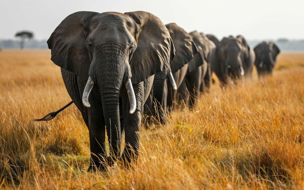 una matriarca elefante che guida il suo maestoso gregge attraverso le praterie africane