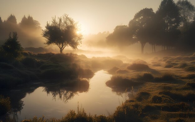 Una mattina nebbiosa con alberi e un fiume in primo piano.