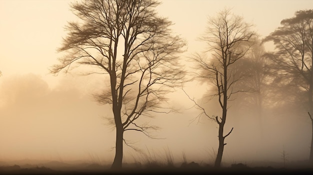 Una mattina nebbiosa e nebbiosa rivela silhouette di alberi che emettono un misterioso fascino ultraterreno.