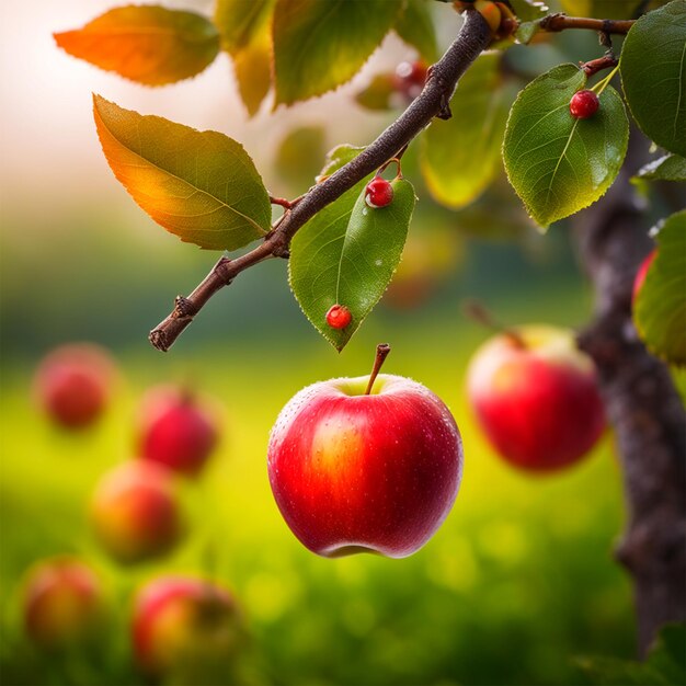 una mattina nebbiosa in un frutteto di mele con mele mature appese dagli alberi usano una luce soffice e diffusa