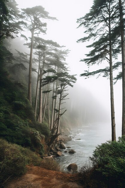 Una mattina nebbiosa nella foresta sfondo naturale Ai generato