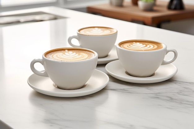 Una mattinata deliziosa Un primo piano di due tazze di caffè per la colazione su un tavolo da cucina bianco