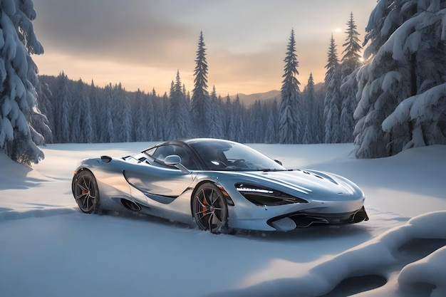 Una McLaren 720S fotorealista che luccica nell'abbraccio invernale con fiocchi di neve generati da Ai