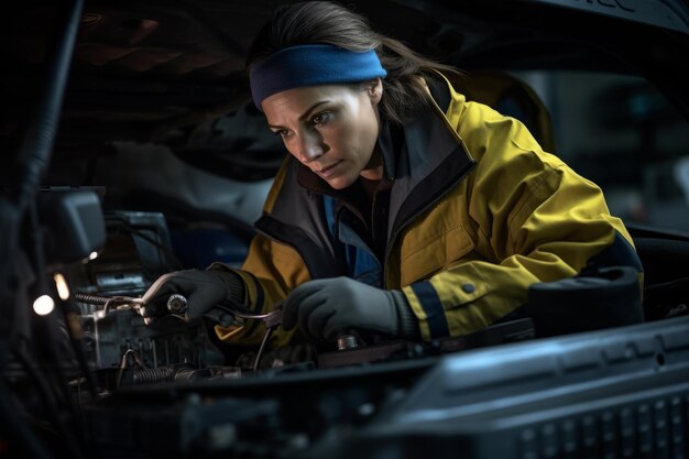 una meccanica donna che effettua un approfondito controllo di sicurezza AI generativo