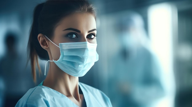 Una medico donna che indossa una maschera medica chirurgica igienica per la faccia Protezione contro la malattia contagiosa coronavirus