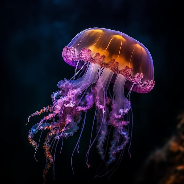 Una medusa colorata è mostrata su uno sfondo nero
