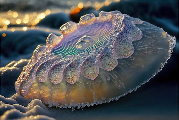 Una medusa è ricoperta d'acqua e ha un motivo viola sulla pelle.