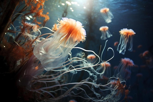 Una medusa nuota in un acquario con una luce che brilla attraverso l'acqua.