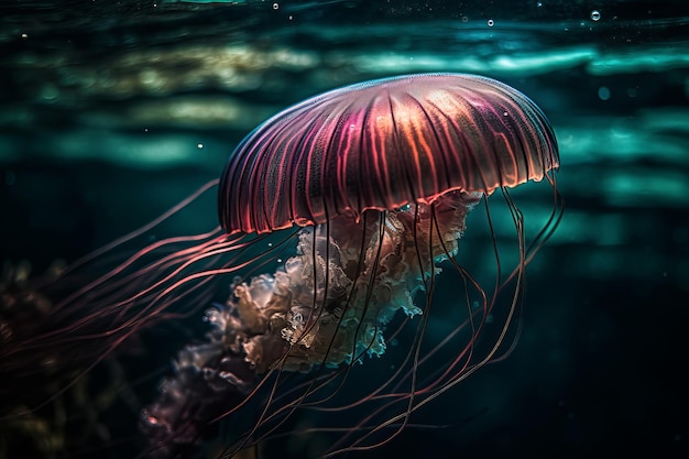 Una medusa sta nuotando nell'oceano.