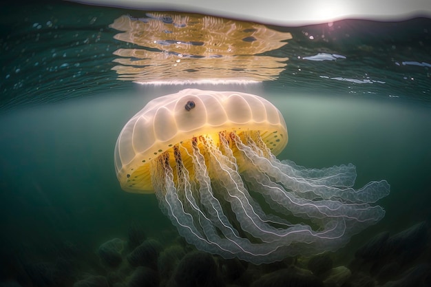 Una medusa sta nuotando sott'acqua con la luce che brilla su di essa