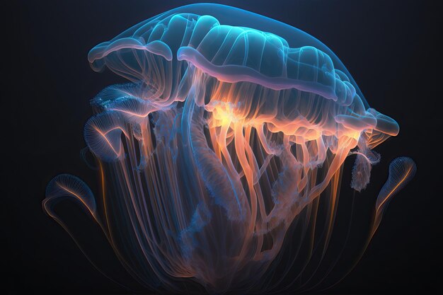 Una medusa viene mostrata in una stanza buia.