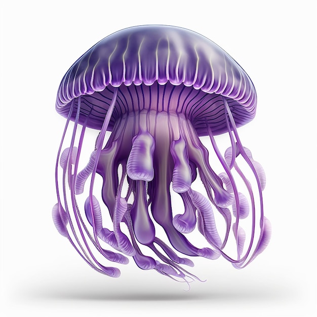 Una medusa viola con tentacoli viola è su uno sfondo bianco.