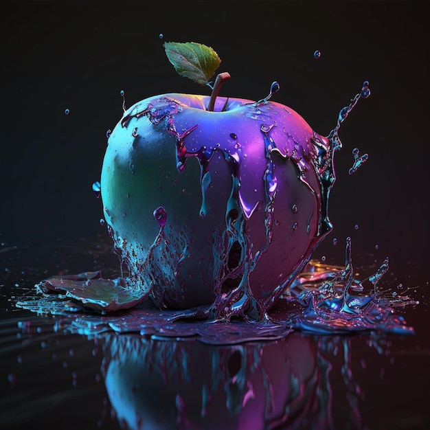 Una mela colorata è in uno spruzzo d'acqua.