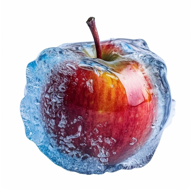 Una mela con ghiaccio e gocce d'acqua
