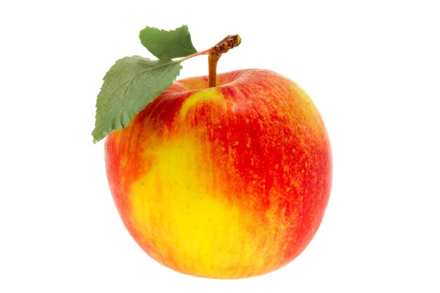 Una mela con una foglia su sfondo bianco