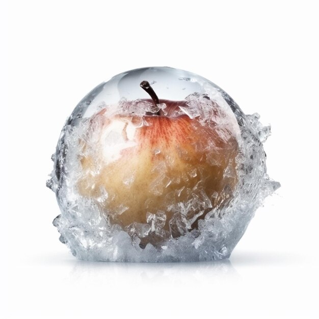Una mela è congelata nel ghiaccio e le viene tolto un morso.