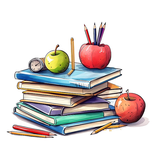 Una mela e una mela sono su una pila di libri.