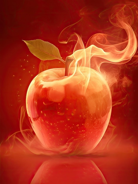 Una mela luminosa con elemento fumoso vista anteriore vettoriale grafica ad alta risoluzione sfondo rosso ar 34 v 6 Job ID 88a617079431432aaf5f27c9b8604f98