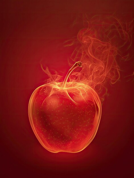Una mela luminosa con elemento fumoso vista anteriore vettoriale grafica ad alta risoluzione sfondo rosso ar 34 v 6 Job ID de499a4c632f4d06bbdfb4cf085f9cd0