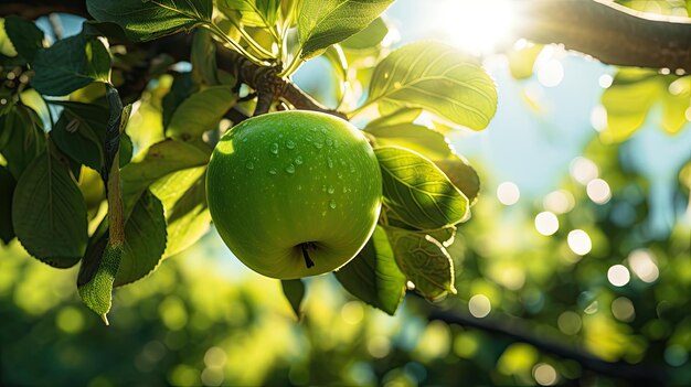 Una mela matura di Granny Smith pende da un ramo