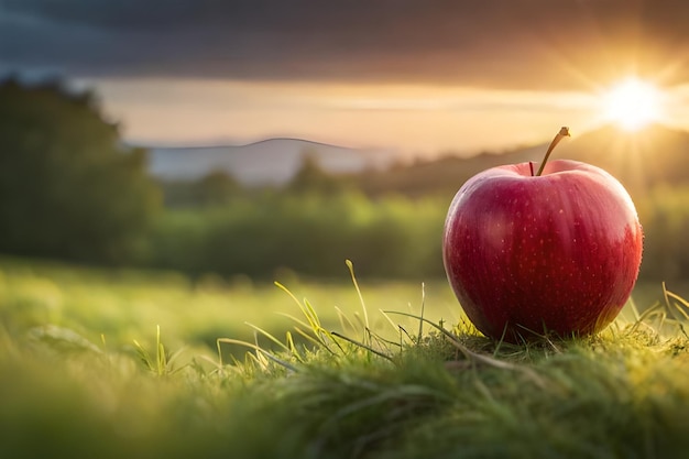 una mela nell'erba con il tramonto sullo sfondo