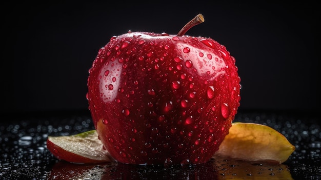 Una mela rossa con gocce d'acqua su di essa