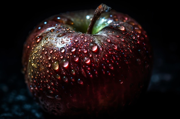 Una mela rossa con gocce d'acqua su di essa