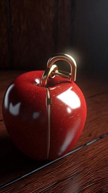 una mela rossa con un manico d'oro su un tavolo di legno.