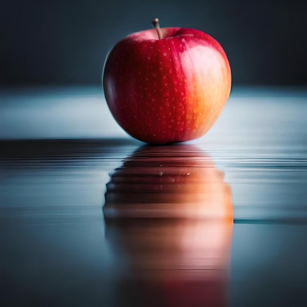 Una mela rossa con un riflesso del suo riflesso su una superficie nera