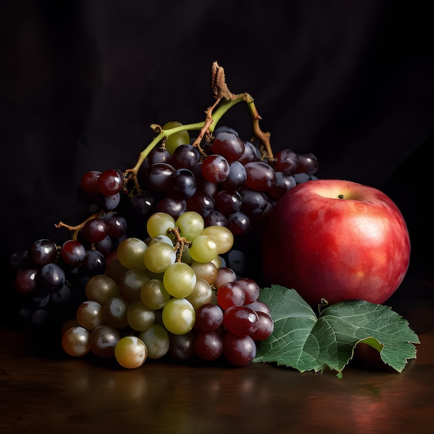 Una mela rossa è accanto a un grappolo d'uva.