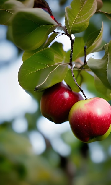 Una mela rossa è appesa a un albero.