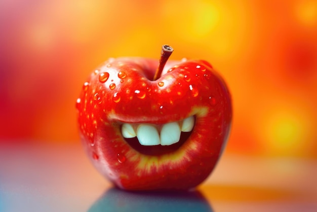 Una mela rossa felice con una faccia sorridente