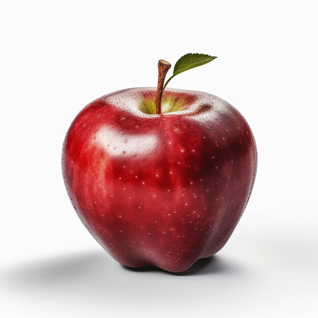 Una mela rossa matura con una foglia verde isolata su uno sfondo bianco