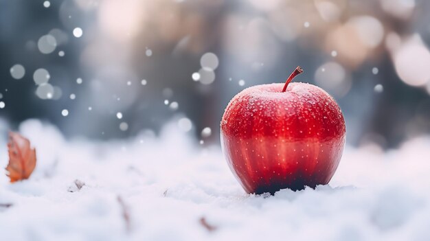 Una mela rossa sullo sfondo di una foresta invernale copia spazio nevicata messa a fuoco IA generativa