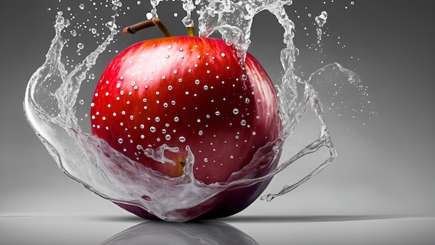 Una mela rossa viene spruzzata con acqua.