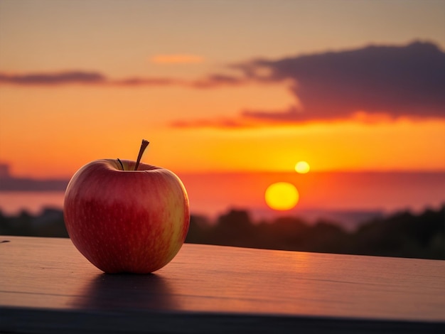 Una mela su un tavolo con un tramonto sullo sfondo