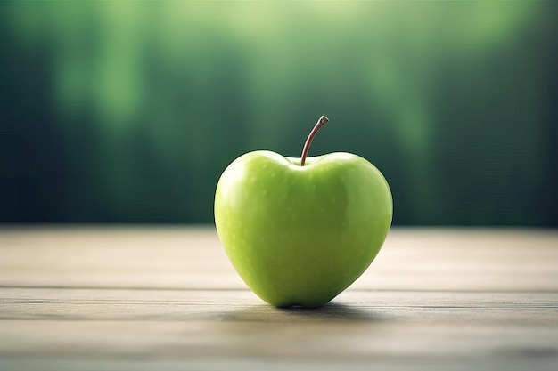 Una mela verde a forma di cuore seduta sopra un tavolo di legno IA generativa