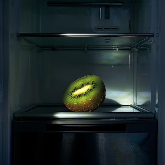 una mela verde all'interno di un frigorifero con la parola kiwi in fondo
