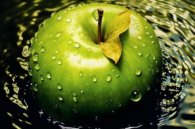 Una mela verde con gocce d'acqua sopra