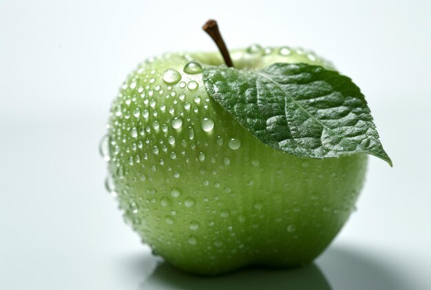 Una mela verde con gocce d'acqua su di essa