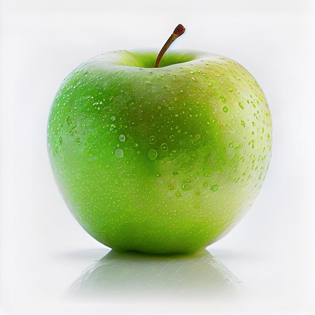 Una mela verde con gocce d'acqua su di essa