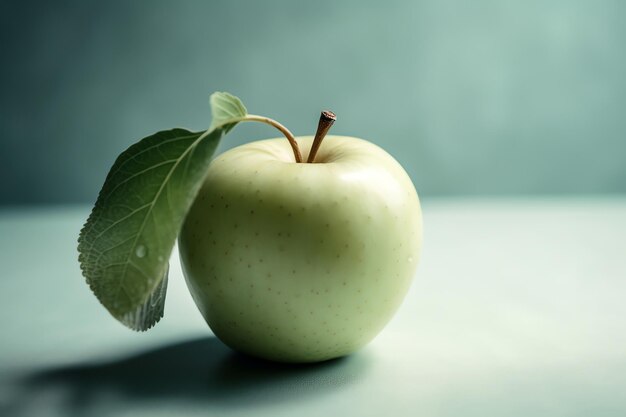 Una mela verde con sopra una foglia