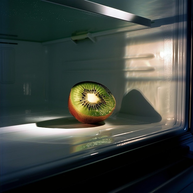 una mela verde con un buco che è all'interno di un frigorifero